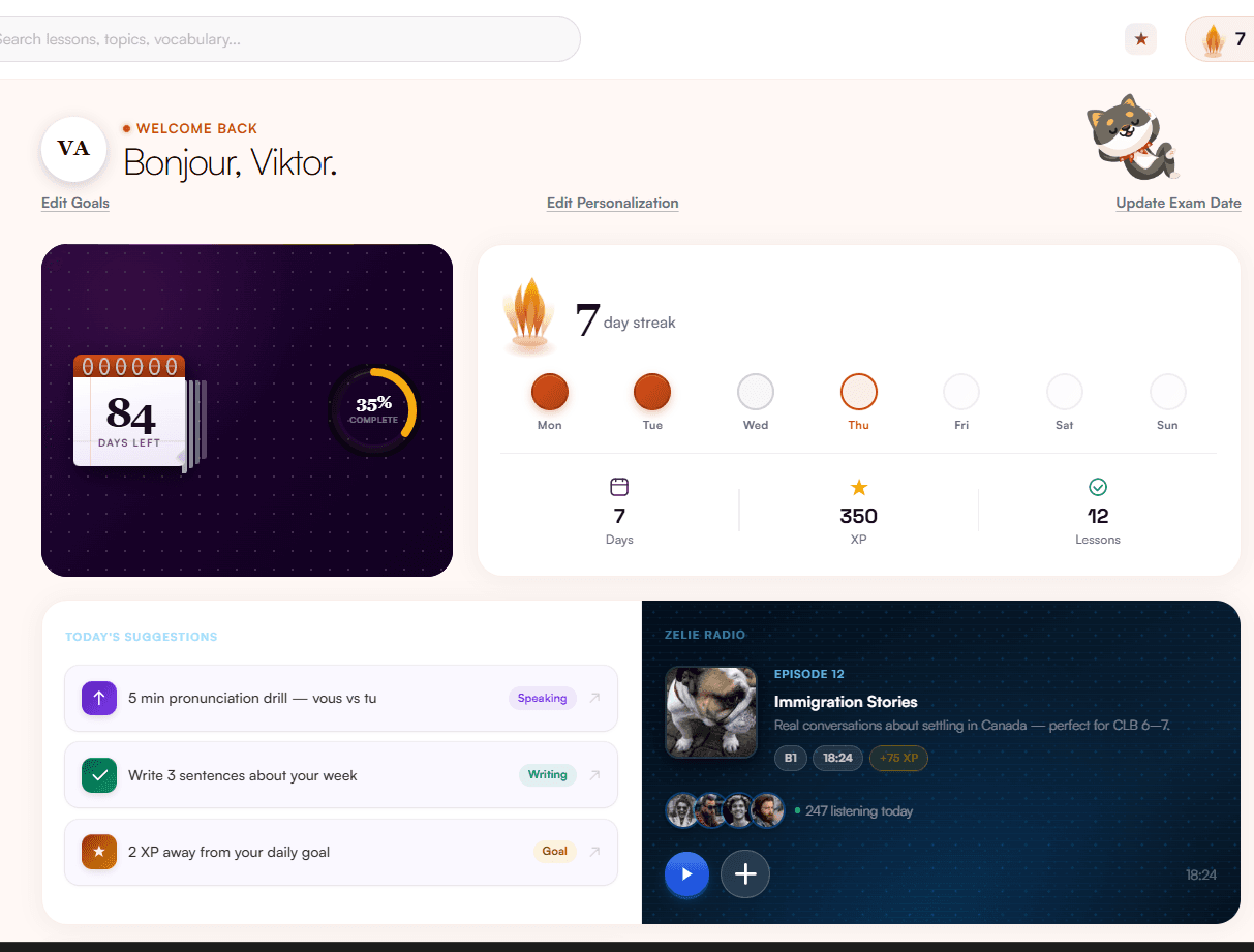 Zelie learning dashboard preview